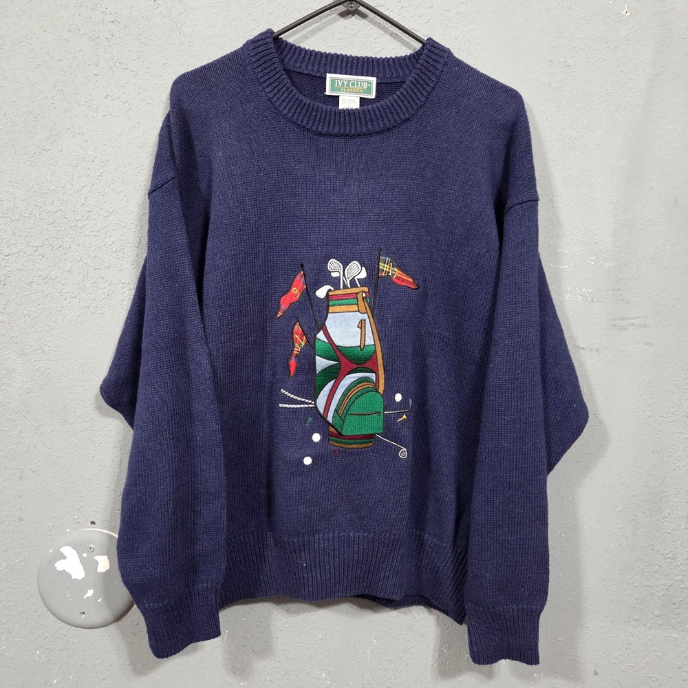 Ivy Club Classics Mens Vintage Golf Embroidered Sweater Navy Blue Ramie Cotton L